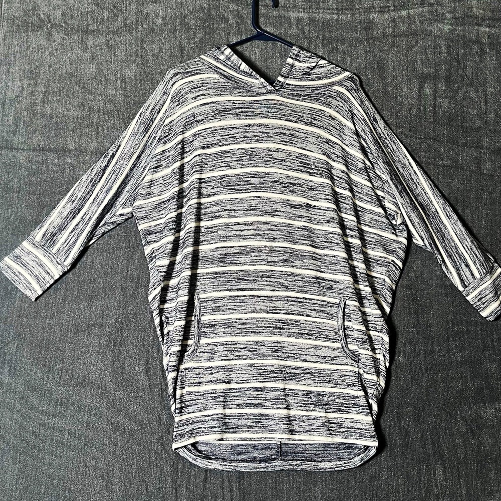 Market & Spruce Womens M Gray White Striped V-Neck Hoodie Hooded Pockets